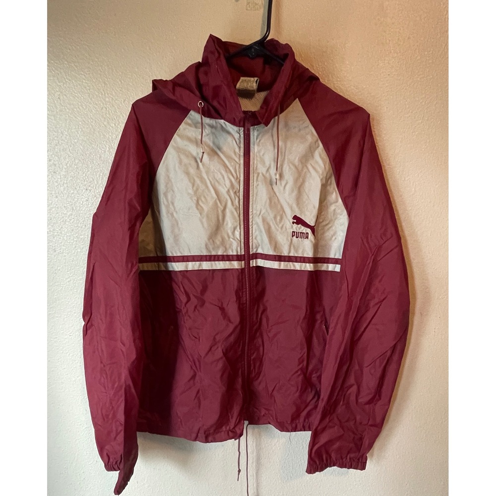 Vintage Puma Windbreaker Jacket Maroon‎ Gray Full Zip Hooded Mens Medium